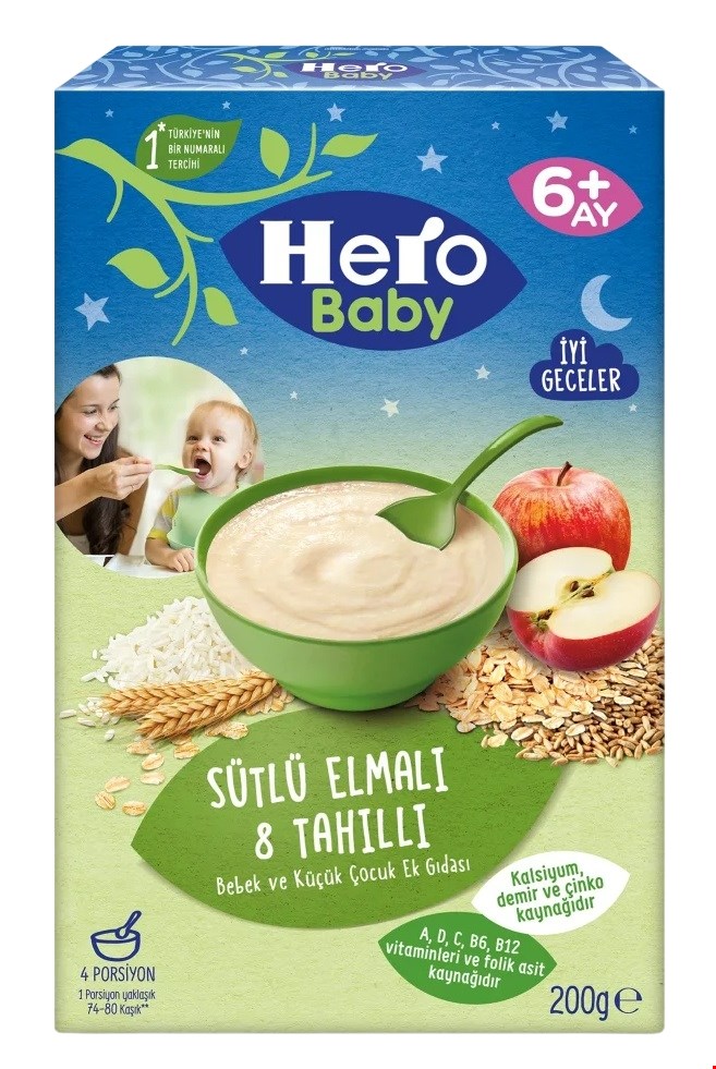 غذای کمکی هشت غله و سیب با شیر مخصوص شب هرو بیبی Hero baby